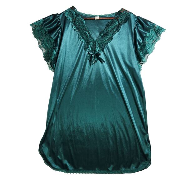 Vintage Petra Fashions Satin Lace Trim Slip Dress Plus 1X Emerald Green Pinup - Picture 1 of 16
